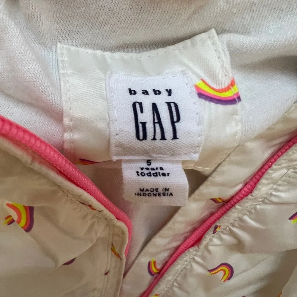 GAP Baby White Hooded Rain Jacket with Pink-Trim Rainbow Print